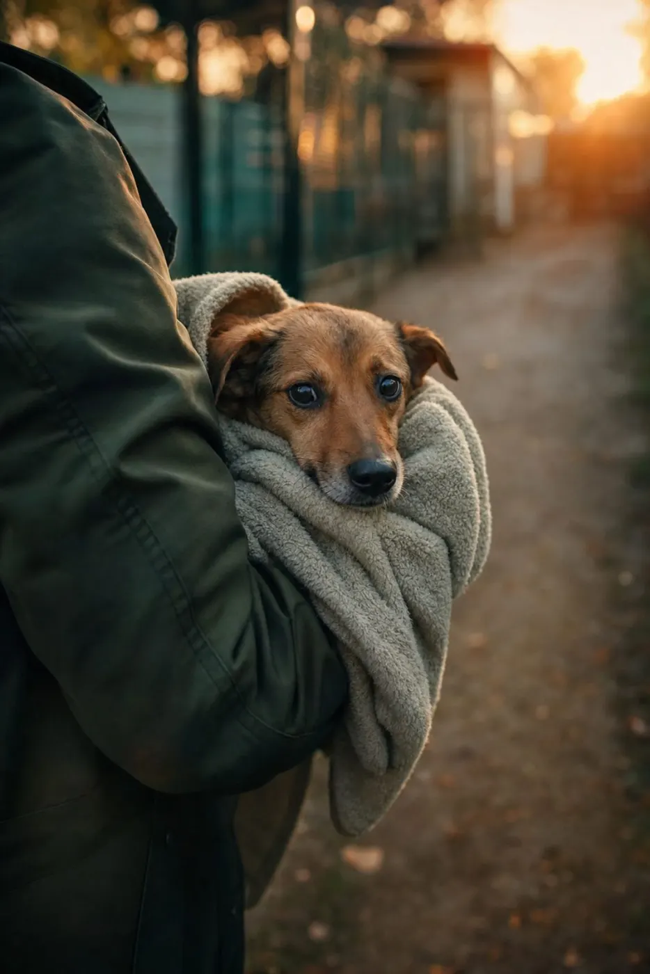 A volunteer carries a rescued dog wrapped in a blanket